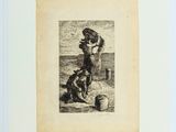 an old black and white drawing of a man with a dog
