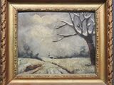 an oil painting of a tree in a field with a house in the distance