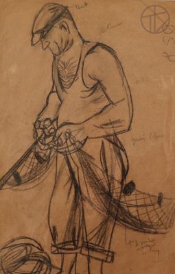 drawing of a man with a fishing net and a ball
