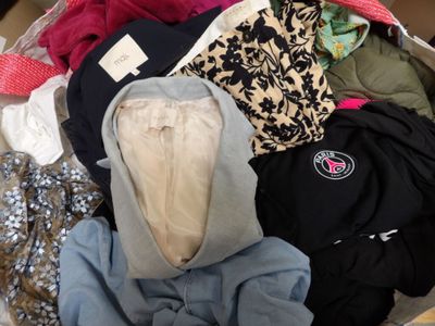 a box full of clothes that is sitting on the floor