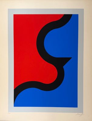 un tableau représentant un carré rouge et bleu avec des lignes noires