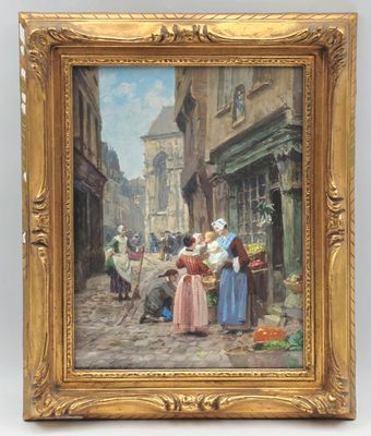 tableau représentant une scène de rue avec des personnages et un cheval au premier plan