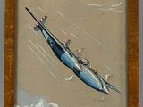 tableau représentant un avion bleu volant dans le ciel, avec des nuages en arrière-plan