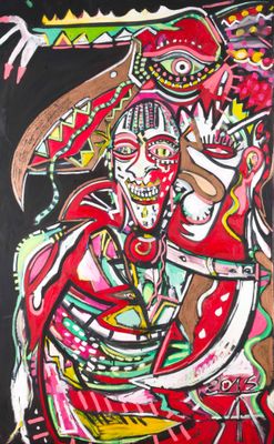 un tableau représentant une femme en robe rouge tenant un couteau