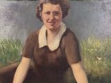 painting of a woman in a brown dress sitting on the grass
