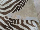 a close up of a zebra skin with a knife on it