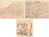 four antique maps of a town, a castle, and a town