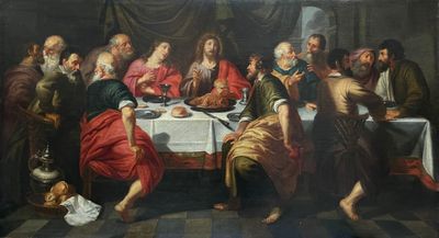 tableau représentant un groupe de personnes assises autour d'une table en train de manger