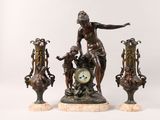 a statue of a woman holding a clock next to three vases