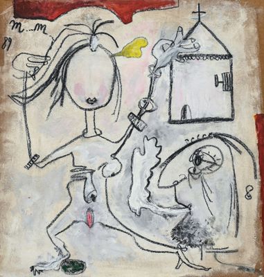 une image représentant un tableau où figurent une femme et un homme accompagnés d'un chien