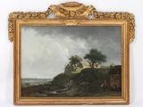 une peinture à l'huile représentant un paysage avec une maison au loin, sur une colline