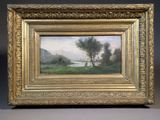 an image of a painting of a landscape with a river in the foreground