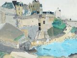 un tableau représentant un château situé sur une colline surplombant un plan d'eau