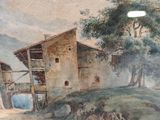 a picture of a painting of a house on a hill