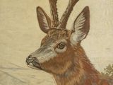 tableau représentant un cerf aux bois, debout dans un champ