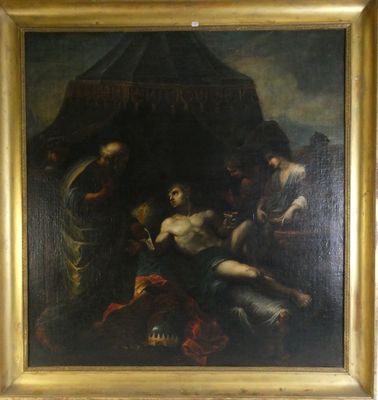 une peinture à l'huile représentant un tableau d'un homme allongé par terre