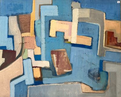 peinture abstraite composée de formes bleues, jaunes et marron sur un fond bleu