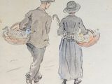 painting of a man and a woman walking down a street with baskets