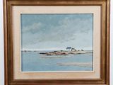 an oil painting of a lighthouse on a small island in the ocean