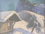tableau représentant une cabane dans la neige, avec une montagne en arrière-plan