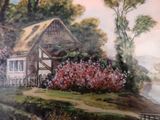 a painting of a cottage on the shore of a lake