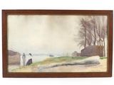 aquarelle encadrée représentant un couple au bord d'une rivière, avec un bateau en arrière-plan