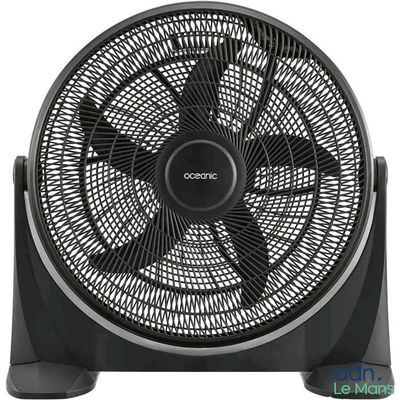 un ventilateur noir posé sur un support, sur fond blanc