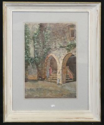 l'image d'une peinture représentant un homme et une femme devant un bâtiment