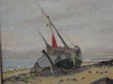 a painting of a boat on the beach by the water