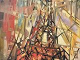 painting of the eiffel tower in paris with a beach ball in the foreground