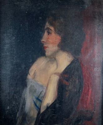 an old painting of a woman in a blue dress sitting on a red chair