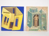 two paintings of a woman in a building and a man in a building