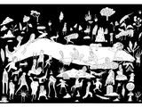un dessin en noir et blanc représentant des personnes et des animaux dans une forêt