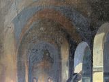 an oil painting of a group of people sitting in a room