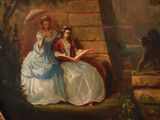 a painting of two women sitting on a bench reading a book