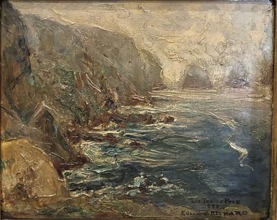 an oil painting of a rocky coast with waves coming in from the ocean