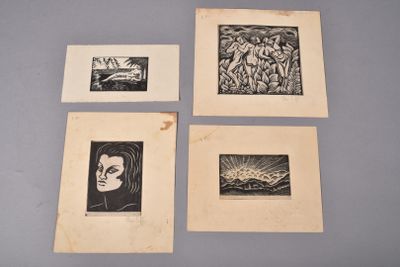 quatre dessins en noir et blanc représentant une femme, un homme et un chien