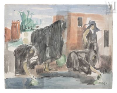 une peinture représentant une vache et un homme assis sur un banc