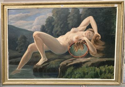 un tableau représentant une femme nue allongée sur un rocher au bord de l'eau