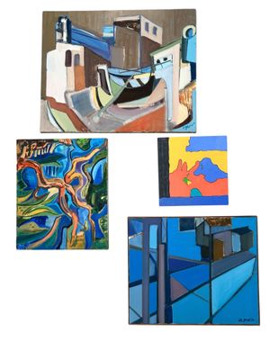 four paintings of a boat, a boat, and a boat in different colors