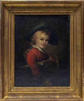 portrait d'un jeune garçon vêtu d'un manteau rouge et d'un bonnet bleu