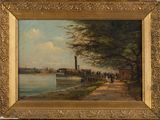 an oil painting of a river scene with people walking along the shore