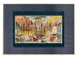 painting of boats in a harbor with a bridge in the background