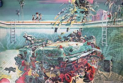 painting of a car in a pool with people in it