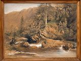 une peinture représentant une scène de montagne avec une rivière au premier plan