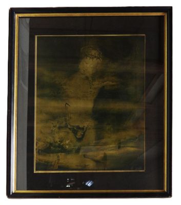 painting of a man with a dog in a landscape in a black frame