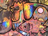 abstract painting of a woman and a dog with a house in the background