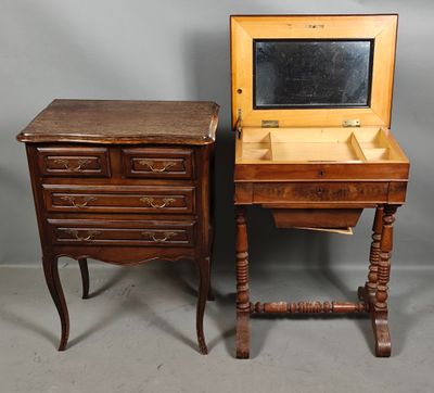 pair of antique wooden desks with drawers and a mirror