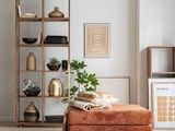un salon avec un pouf marron et une bibliothèque