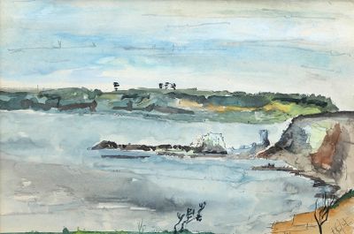 ECOLE XXème, "Bord de mer", dessin à l'encre et aquarelle, s…
